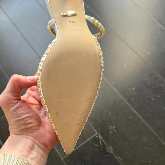 Badgley Mischka White Pearl-Embellished Pointed Mule Heels - Picture 5 of 6